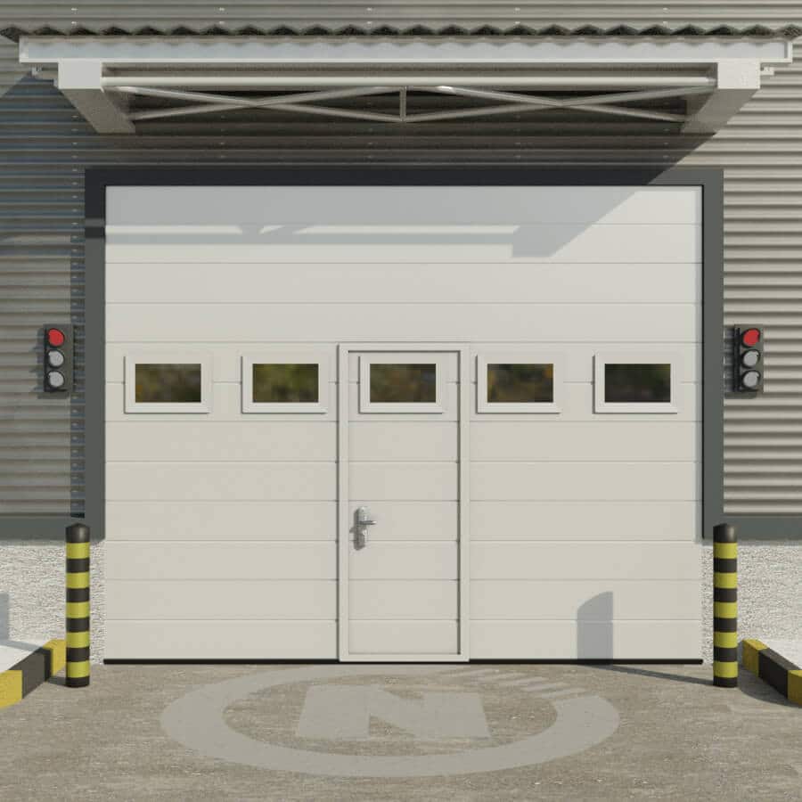 porte de garage sectionnelle industrielle avec portillon et hublots sur mesure artindus